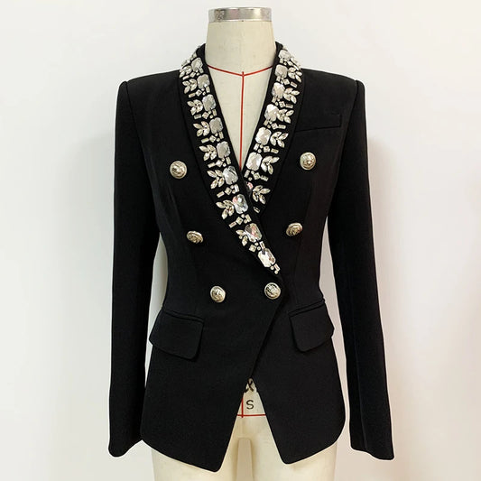 Damen-Blazer doppelreihig Schalkragen Strass Perlen Slim elegant