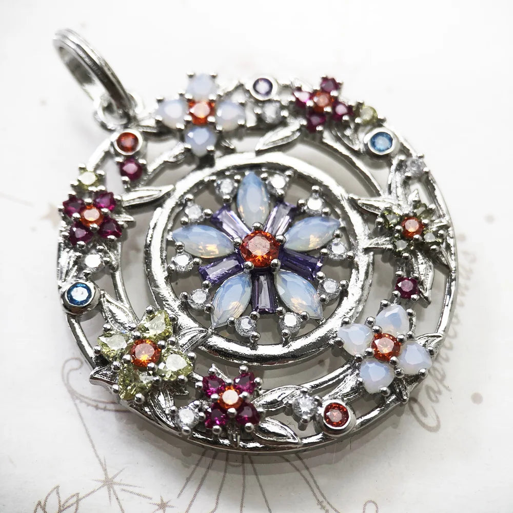 Anhänger aus 925 Sterling-Silber mit Schmuckstein-Blumenmotiv und bunten Fassungen