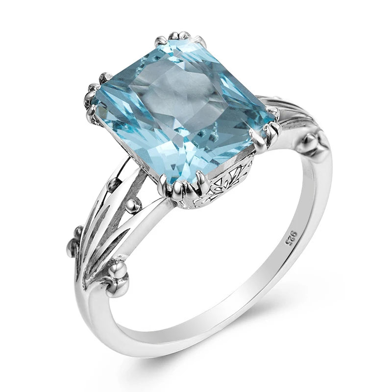 Damen-Ring aus Silber 925 mit Aquamarin Quadrat-Edelstein Boho-Stil Vintage-Look