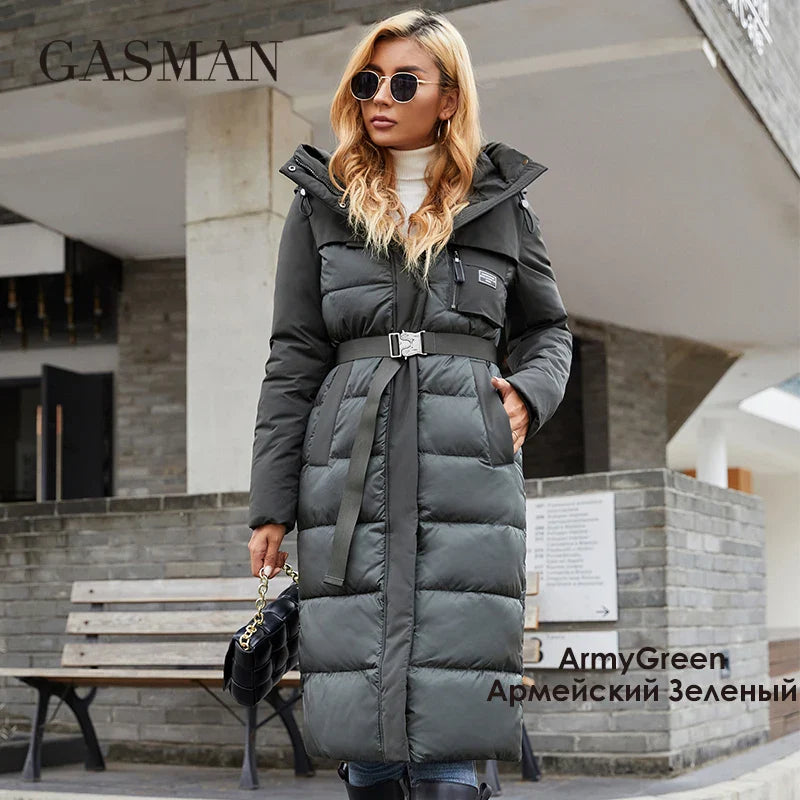 Lange Damen-Daunenjacke mit Reißverschluss, großen Taschen und Stehkragen – Kapuzenparka im klassischen Design