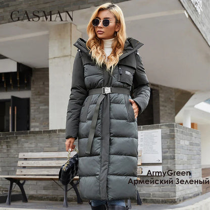 Lange Damen-Daunenjacke mit Reißverschluss, großen Taschen und Stehkragen – Kapuzenparka im klassischen Design