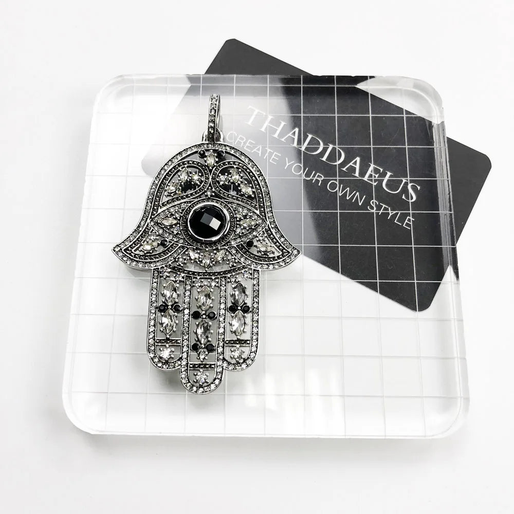 Fatima-Hand Anhänger in transparentem Set, 925 Sterlingsilber mit schwarzem Stein