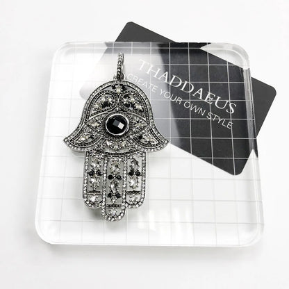 Fatima-Hand Anhänger in transparentem Set, 925 Sterlingsilber mit schwarzem Stein