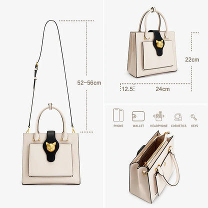 Beige Lederhandtasche mit abnehmbarem Schultergurt, Katzenkopf-Applikation und Doppelhenkeln