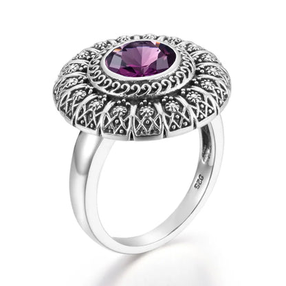 Damen-Ring aus Silber 925 mit Amethyst, Blumendesign, Krappenfassung und feinem Vintage-Look