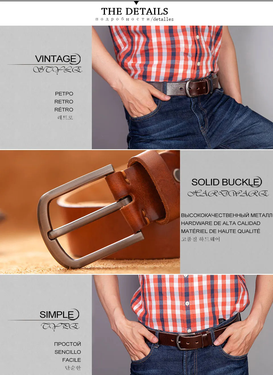 Herren Echtleder-Gürtel Vintage Cowboy-Stil 3,8 cm Rindsleder Braun Luxus Designer