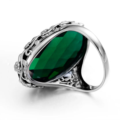 Damen-Ring aus 925er Sterlingsilber mit smaragdgrünem Stein und aufwändigem Blütenmuster