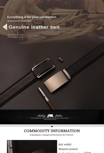 Herren Echtleder-Gürtel Automatik-Schnalle Schwarz 3,5 cm Verstellbar Rindsleder