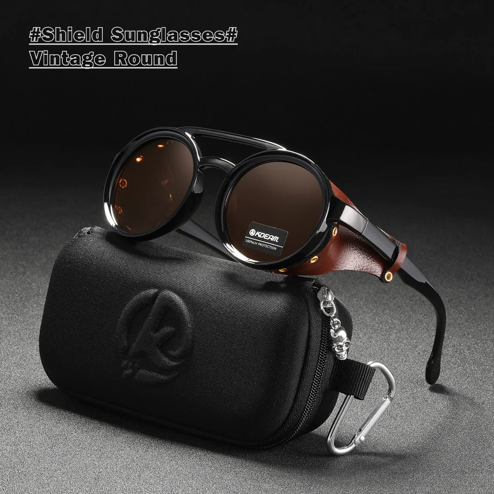Sonnenbrille rund Vintage Leder-Schild Twin-Bridge polarisiert Herren Damen