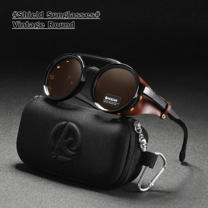 Sonnenbrille rund Vintage Leder-Schild Twin-Bridge polarisiert Herren Damen