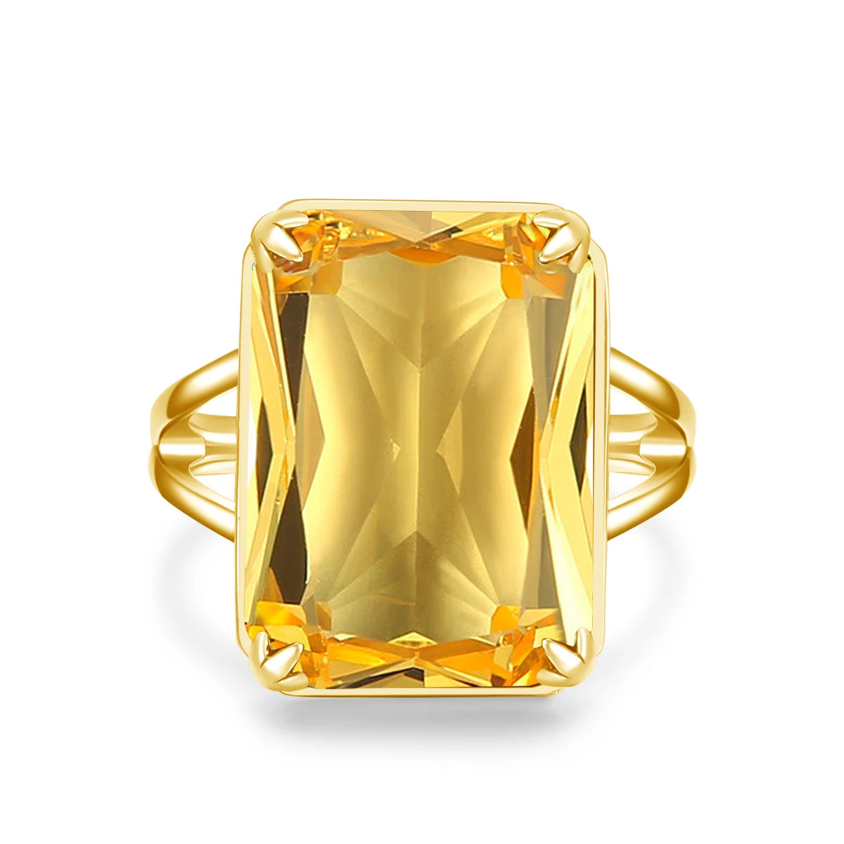 Damen-Ring Aus 925 Sterlingsilber Mit Gelbem Citrin Rechteckstein 13x18 mm Goldbeschichtet Festlicher Schmuck