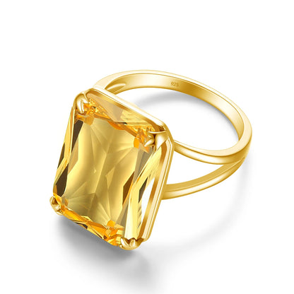 Damen-Ring Aus 925 Sterlingsilber Mit Gelbem Citrin Rechteckstein 13x18 mm Goldbeschichtet Festlicher Schmuck