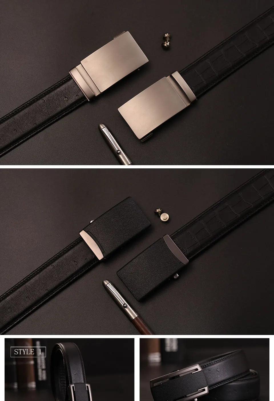 Herren Echtleder-Gürtel Automatik-Schnalle Schwarz 3,5 cm Verstellbar Rindsleder