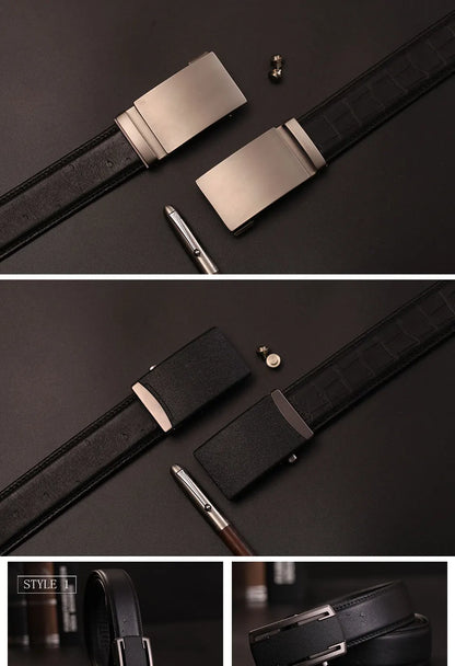 Herren Echtleder-Gürtel Automatik-Schnalle Schwarz 3,5 cm Verstellbar Rindsleder