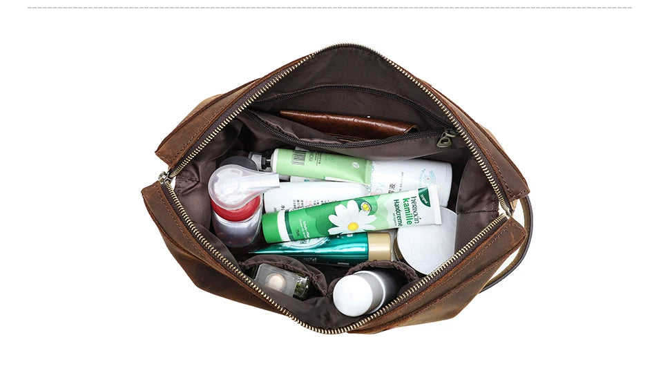 Herren-Kosmetiktasche aus braunem Leder mit offenem Innenfach und Reißverschluss
