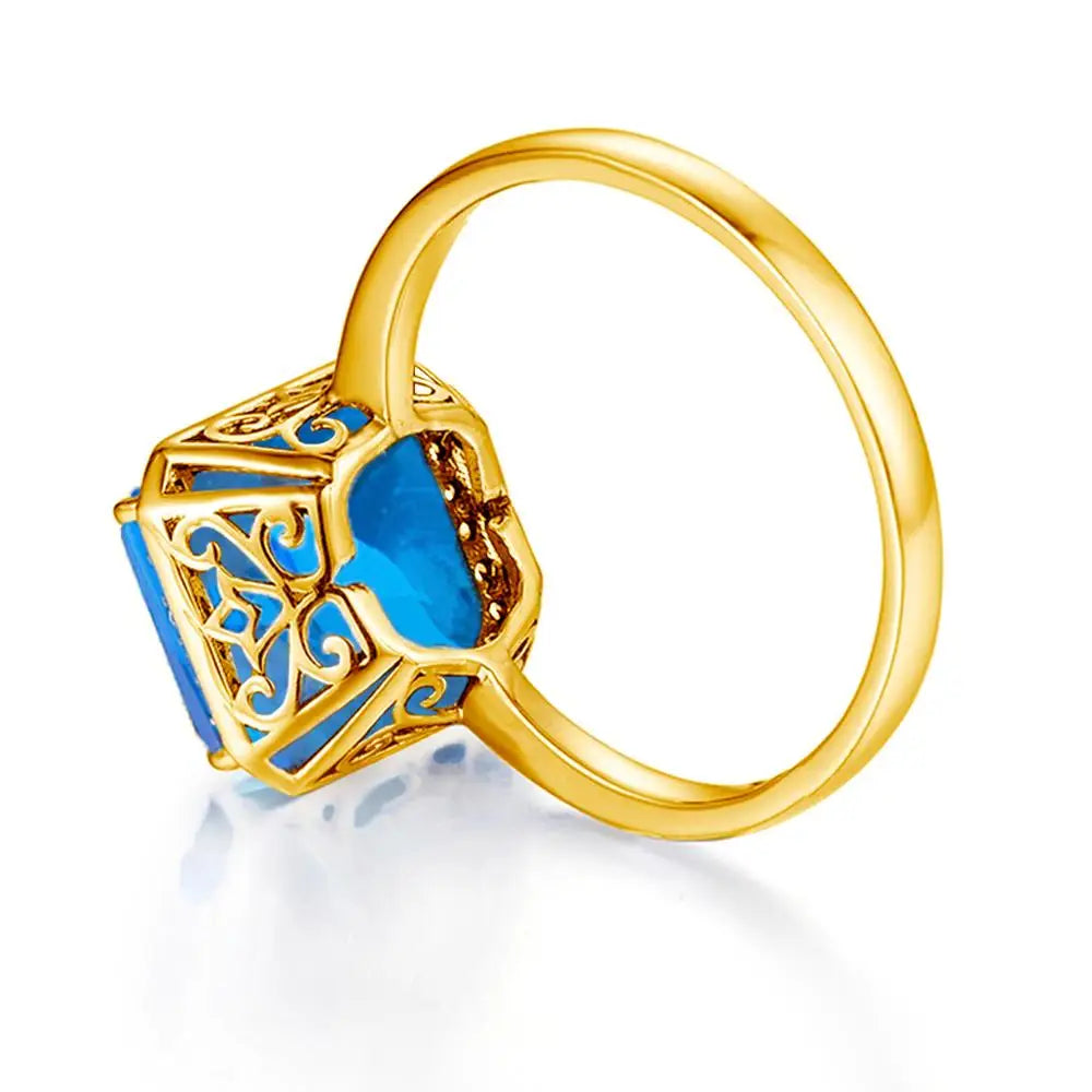 Damen-Ring aus 18K Gold mit Blauer Topas und Diamanten, Quadratische Krappenfassung