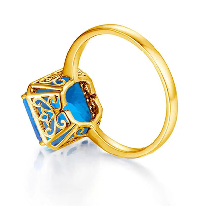 Damen-Ring aus 18K Gold mit Blauer Topas und Diamanten, Quadratische Krappenfassung
