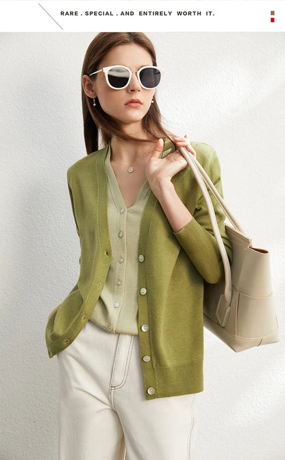 Damen-Strickjacke V-Ausschnitt dünn locker Patchwork Sommer