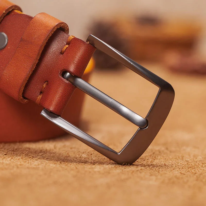 Herren Echtleder-Gürtel Retro 3,8 cm Stiftschnalle Metall Top-Qualität Rindsleder