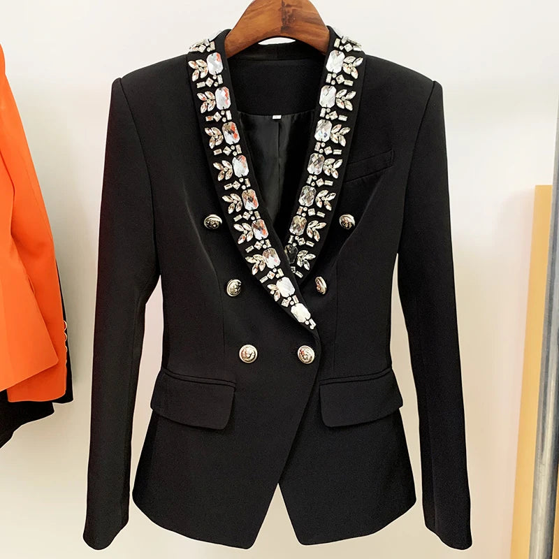 Damen-Blazer doppelreihig Schalkragen Strass Perlen Slim elegant