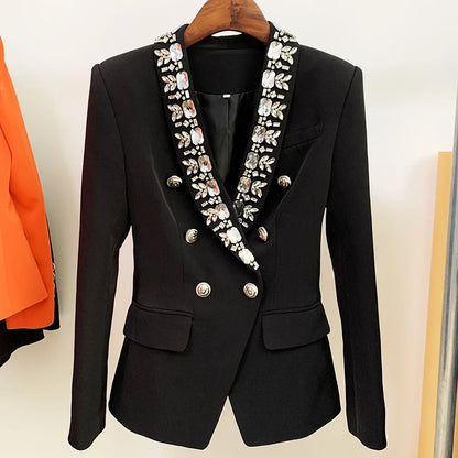 Damen-Blazer doppelreihig Schalkragen Strass Perlen Slim elegant
