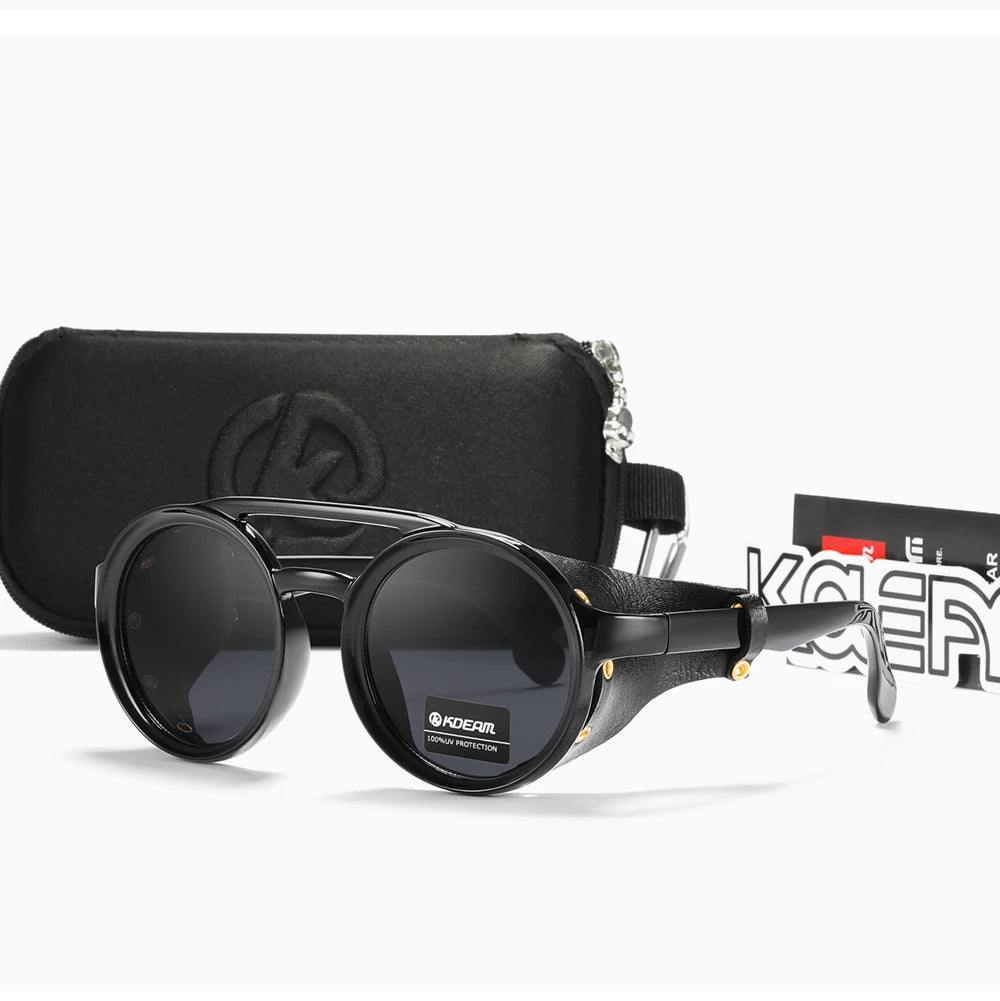 Sonnenbrille rund Vintage Leder-Schild Twin-Bridge polarisiert Herren Damen