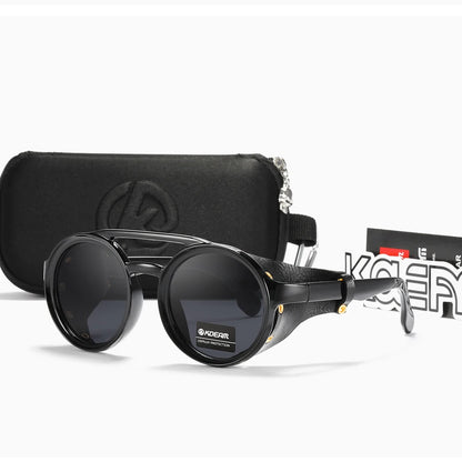 Sonnenbrille rund Vintage Leder-Schild Twin-Bridge polarisiert Herren Damen