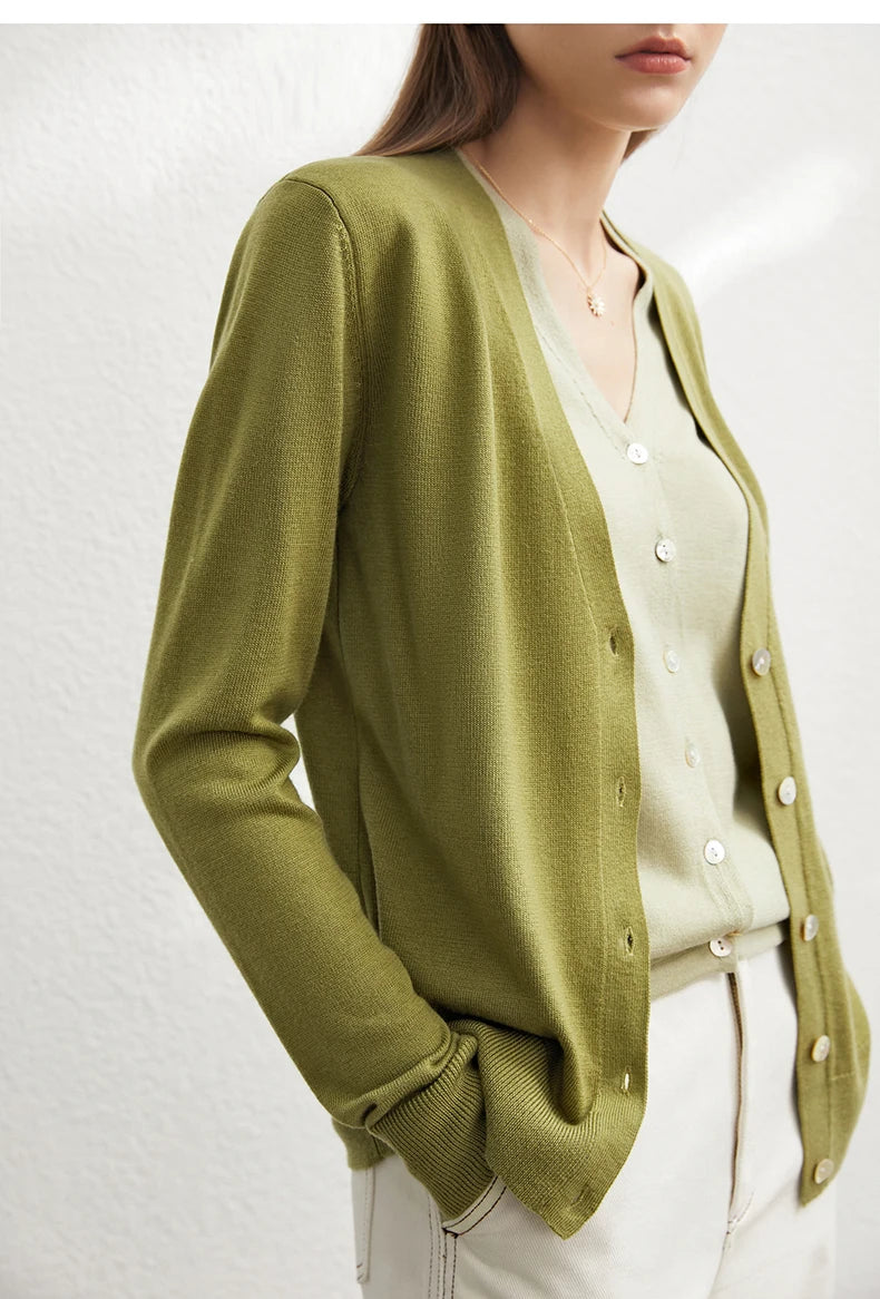 Damen-Strickjacke V-Ausschnitt dünn locker Patchwork Sommer