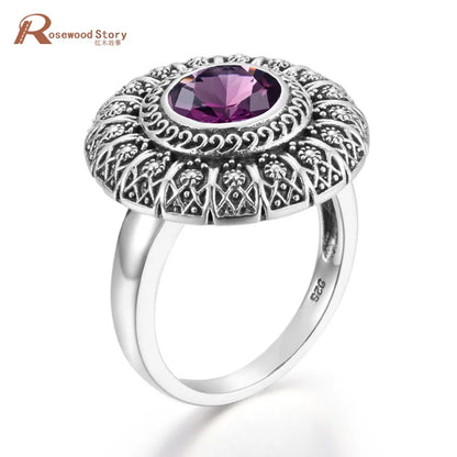 Damen-Ring aus Silber 925 mit Amethyst, Blumendesign, Krappenfassung und feinem Vintage-Look