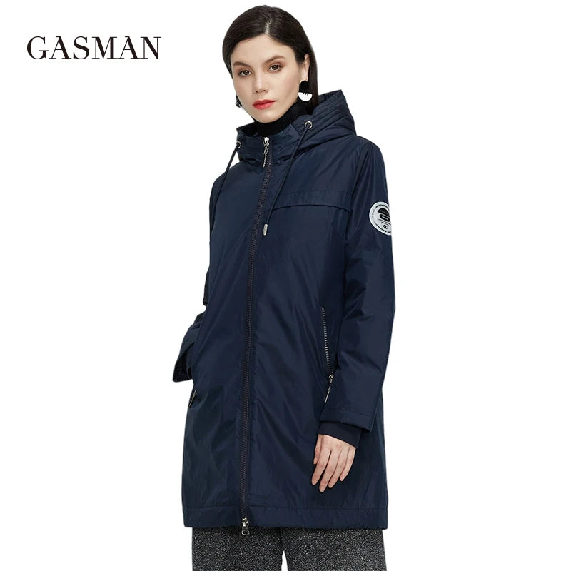 Damen-Frühlingsjacke mit Stehkragen und Kapuze – modischer, lässiger langer Parka-Mantel