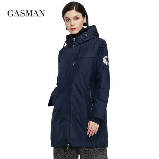 Damen-Frühlingsjacke mit Stehkragen und Kapuze – modischer, lässiger langer Parka-Mantel