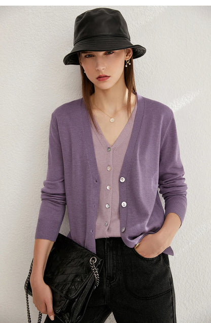 Damen-Strickjacke V-Ausschnitt dünn locker Patchwork Sommer