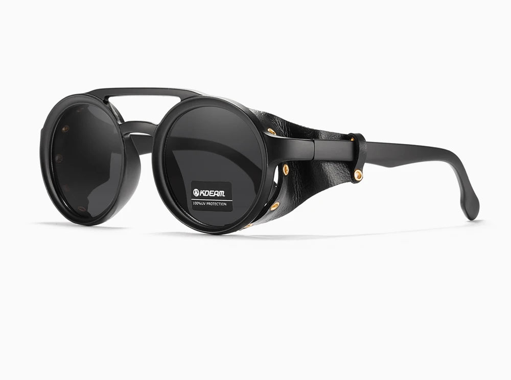 Sonnenbrille rund Vintage Leder-Schild Twin-Bridge polarisiert Herren Damen