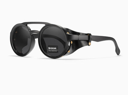 Sonnenbrille rund Vintage Leder-Schild Twin-Bridge polarisiert Herren Damen