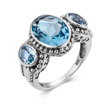 Damen-Ring aus Sterlingsilber 925 mit Aquamarin in Vintage-Ovalfassung mit Zackenfassung