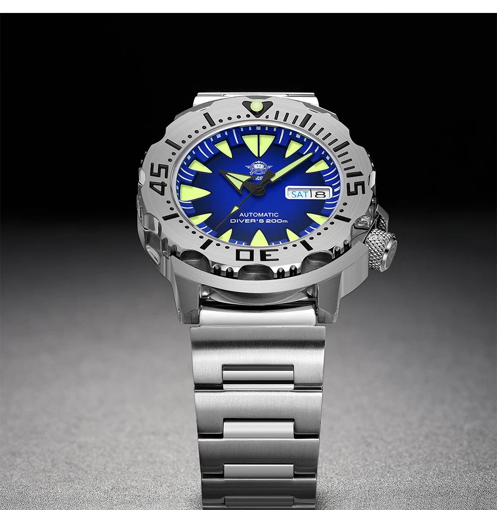 ADDIESDIVE AD2103 Men Monster Watch Luminous Sapphire Glass Blue Dial NH36 Diver 316L Stainless Steel Mechanical Watches