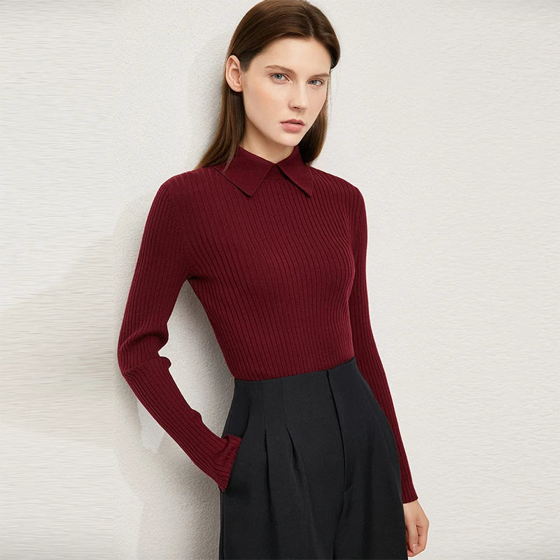 Damen-Strickpullover mit Polo-Kragen, Langarm, weinrot, gerippt