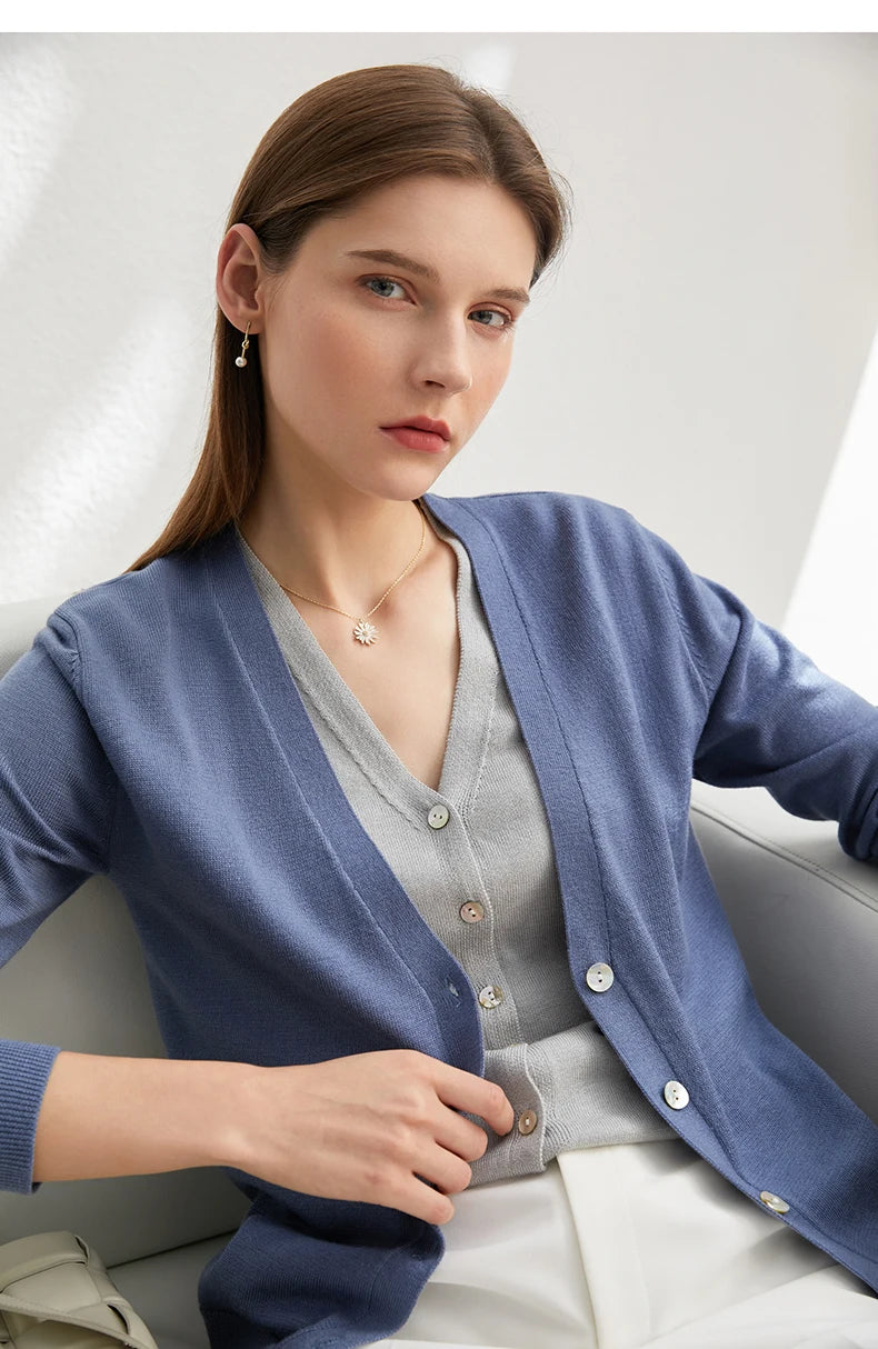 Damen-Strickjacke V-Ausschnitt dünn locker Patchwork Sommer