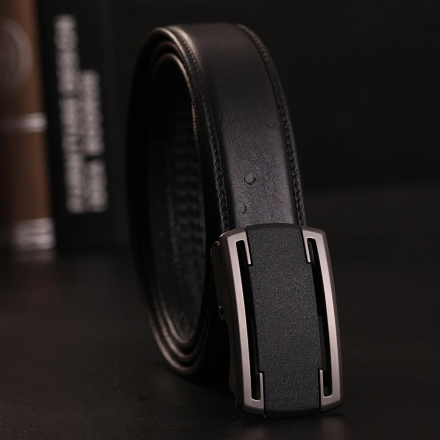 Herren Echtleder-Gürtel Automatik-Schnalle Schwarz 3,5 cm Verstellbar Rindsleder