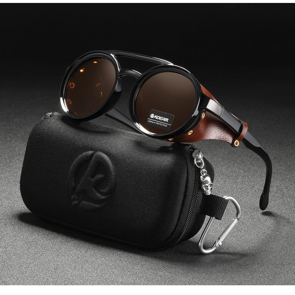 Sonnenbrille rund Vintage Leder-Schild Twin-Bridge polarisiert Herren Damen