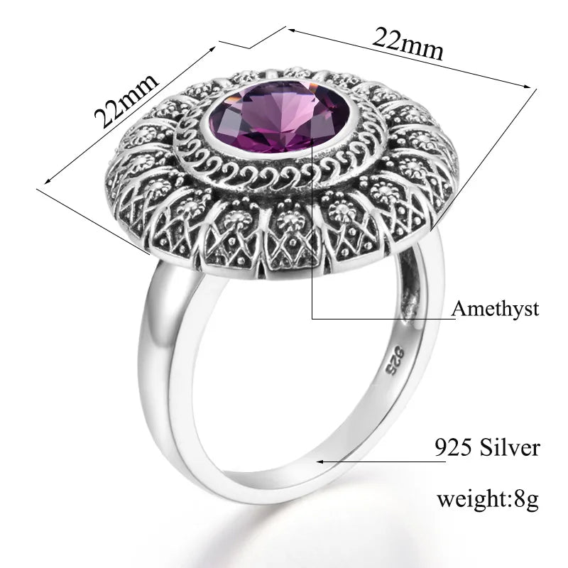 Damen-Ring aus Silber 925 mit Amethyst, Blumendesign, Krappenfassung und feinem Vintage-Look