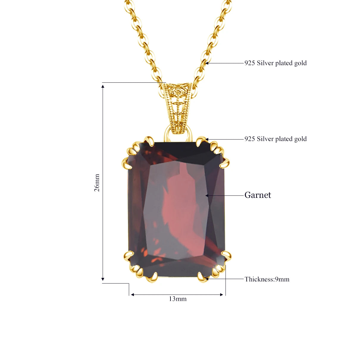 Damen-Halskette Granat-Anhänger in Goldfarbene Optik aus 925er Silber für Hochzeit und Festliche Anlässe