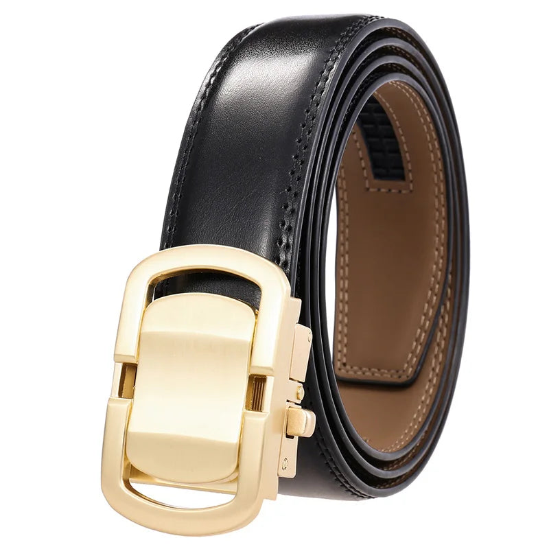 Herren-Ledergürtel, schwarzes Rindsleder, 3,5-cm-Breite, Automatik-Schnalle, goldfarben