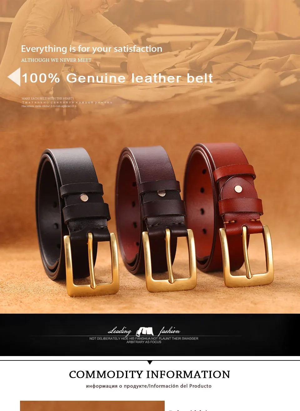 Herren Echtleder-Gürtel Messing-Stiftschnalle Kupfer 3,5 cm Rindsleder Jeans
