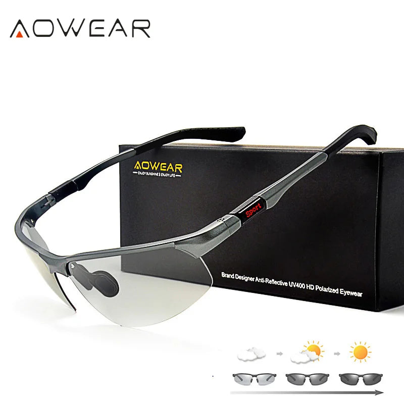 AOWEAR Photochrome polarisierte randlose Sonnenbrille für Herren, Tag und Nacht, Fahren, Chamäleon-Brille, Autofahrer, blendfreie Brille
