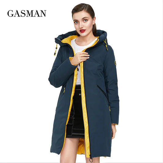 Kurze Damen-Daunenjacke mit Reißverschluss, Stehkragen und Kapuze – klassisches Design mit Taschen