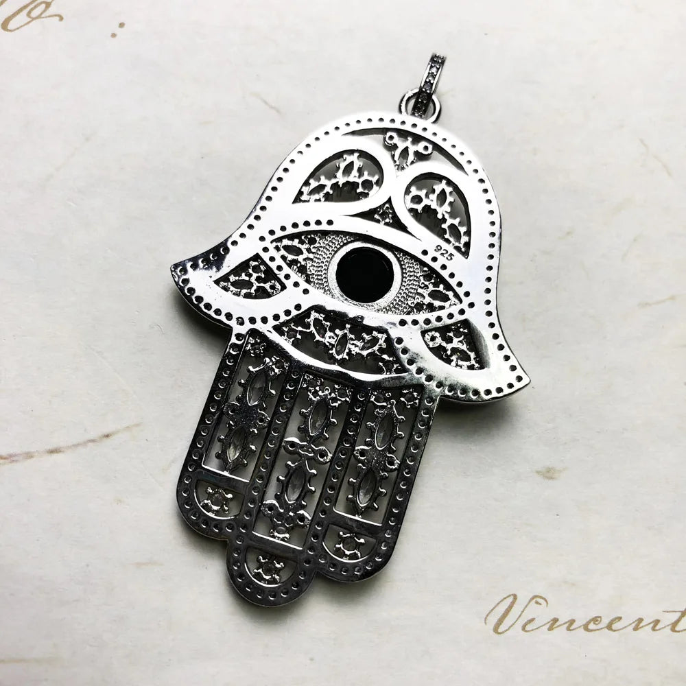 Fatima-Hand Anhänger 925 Sterlingsilber mit schwarzem Stein und filigranen Ornamente