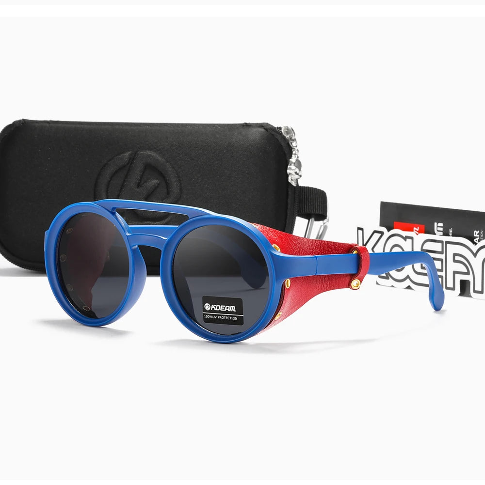 Sonnenbrille rund Vintage Leder-Schild Twin-Bridge polarisiert Herren Damen