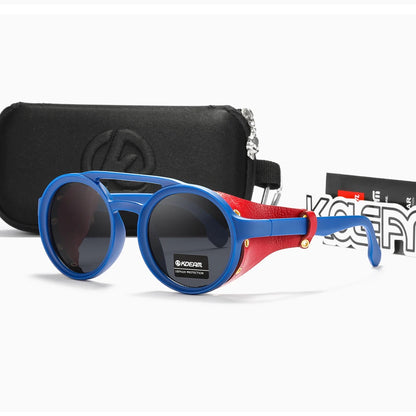 Sonnenbrille rund Vintage Leder-Schild Twin-Bridge polarisiert Herren Damen
