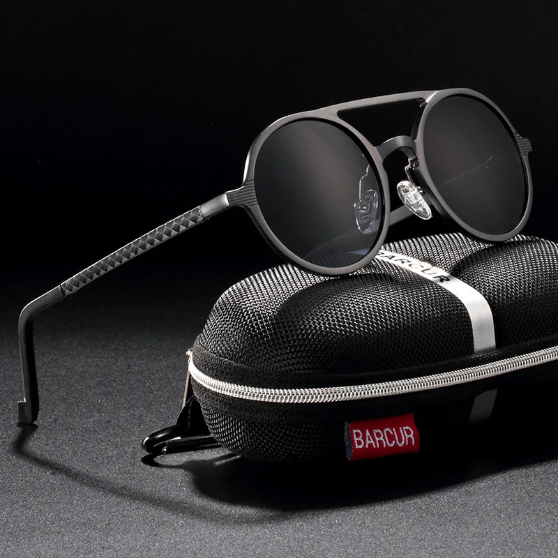 Sonnenbrille rund Al-Mg Vintage Steampunk polarisiert Marken-Design